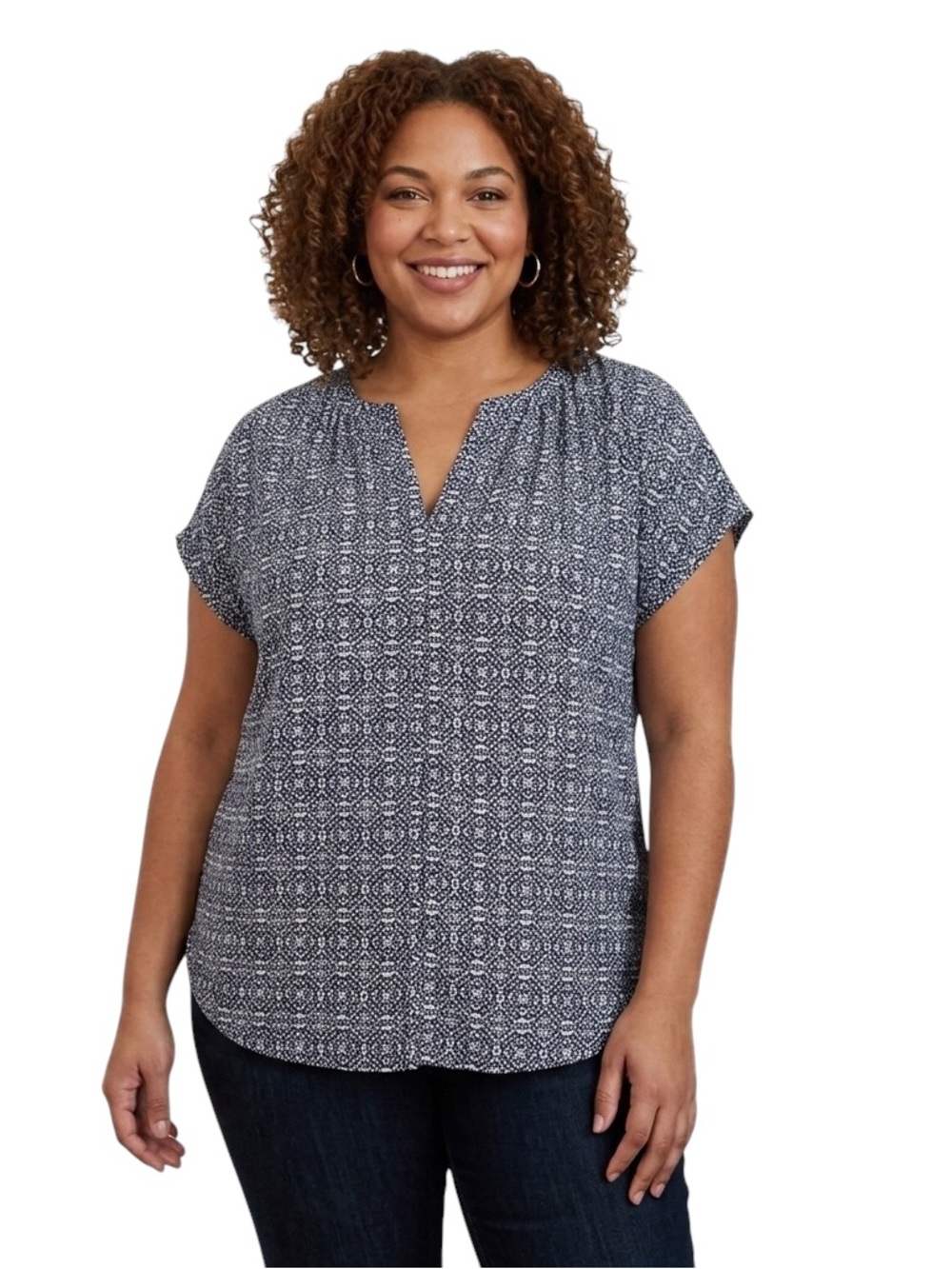 Ava & Viv Black & White Short Sleeve Geometric Print Split Neck Tunic Blouse